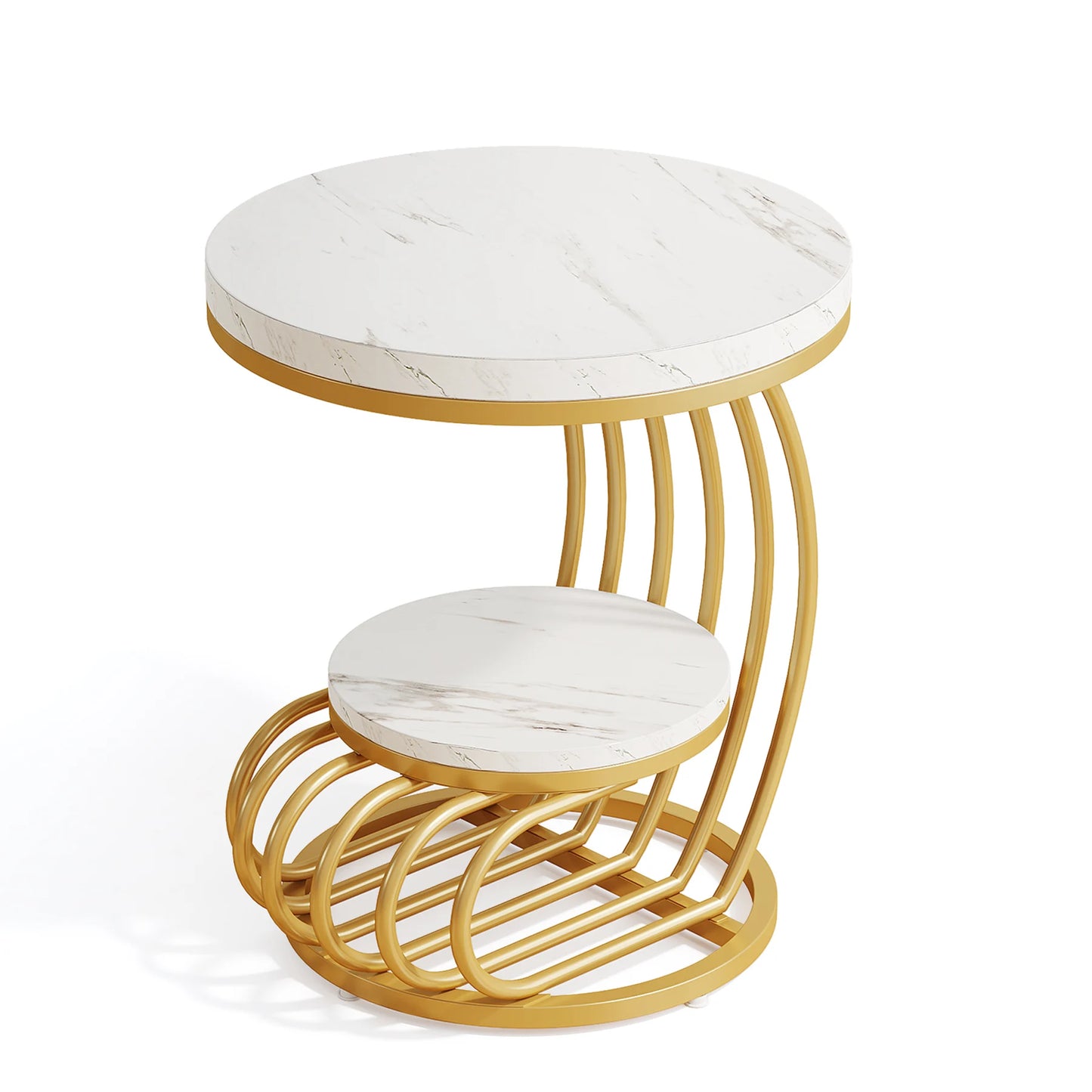 Tribesigns Round End Table With Faux Marble Two Tiers Storage
