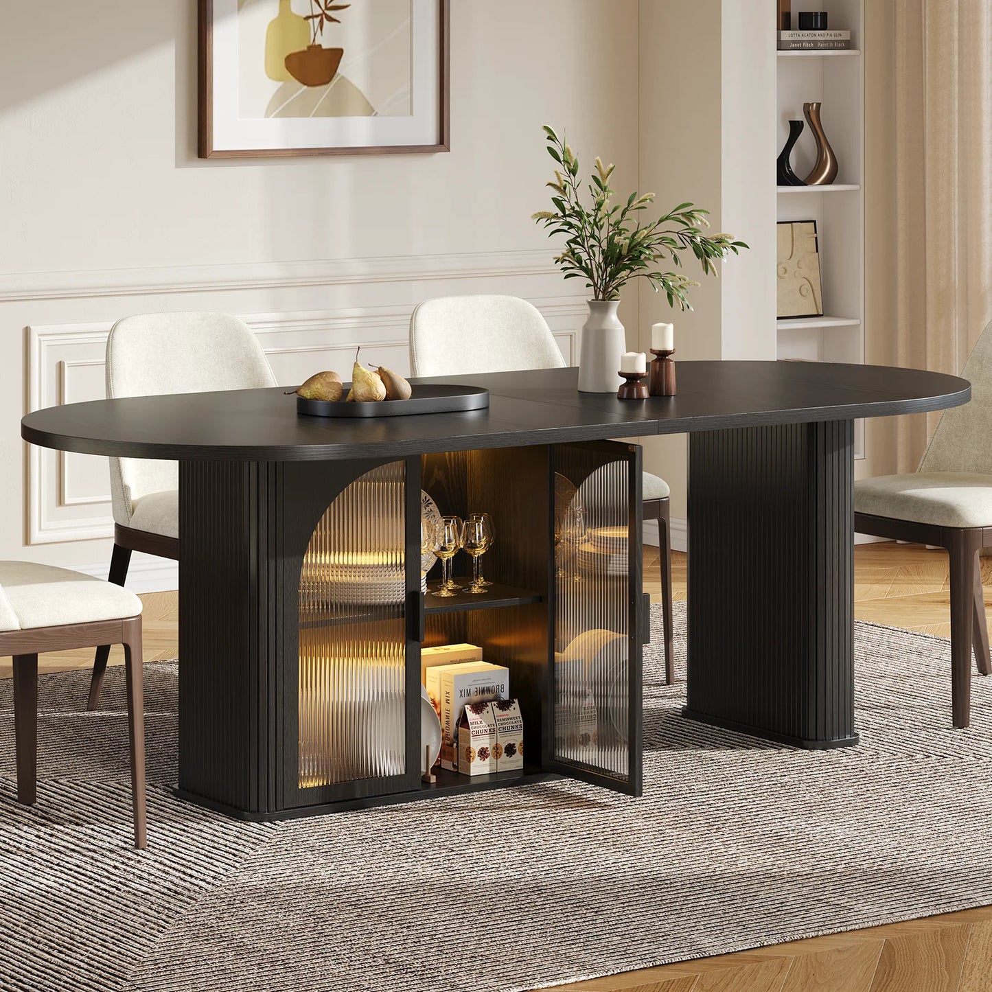 ONBRILL Oval Dining Table With Two Tier Storage And LED