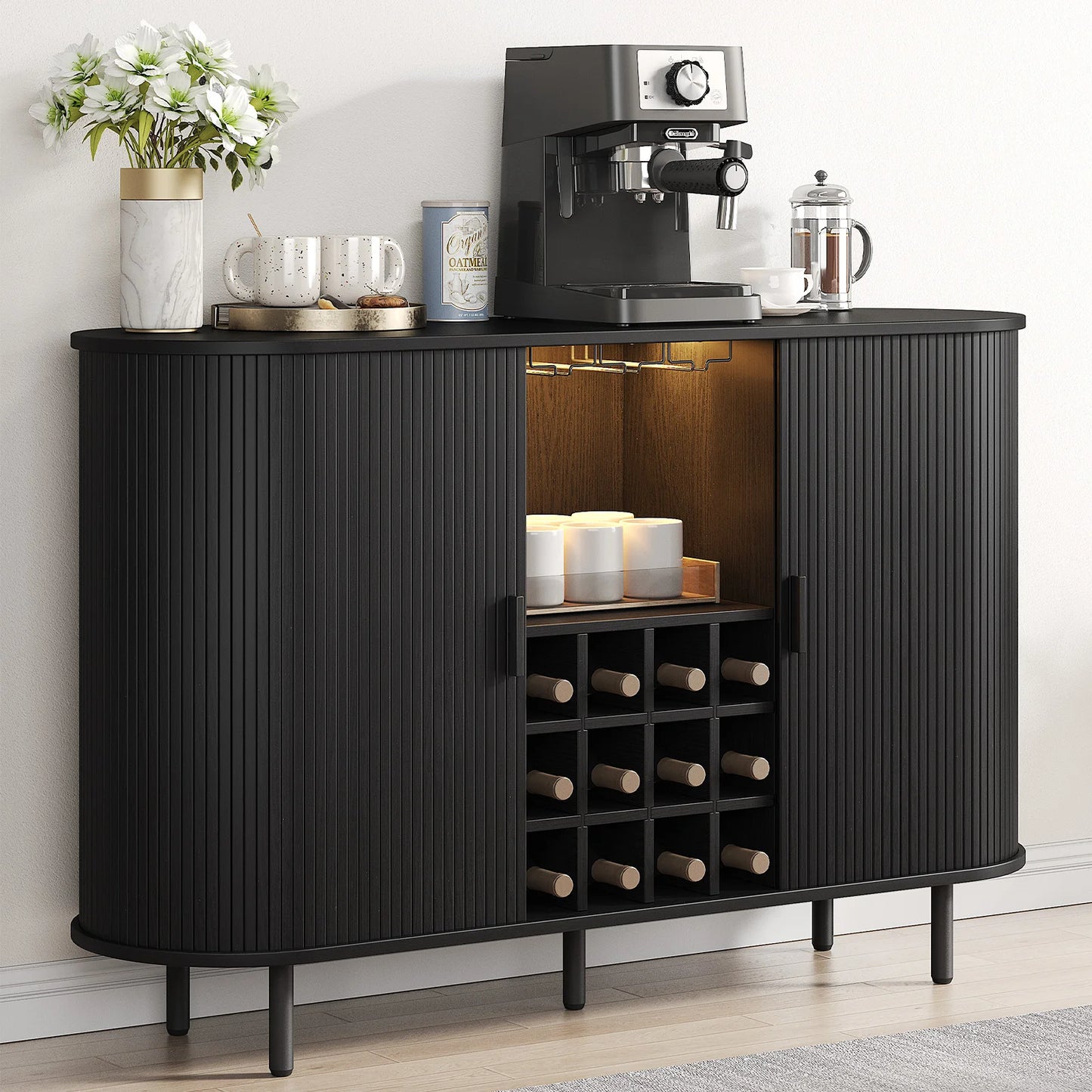 Wine Bar Cabinet With LED Lighting And Glass Holder