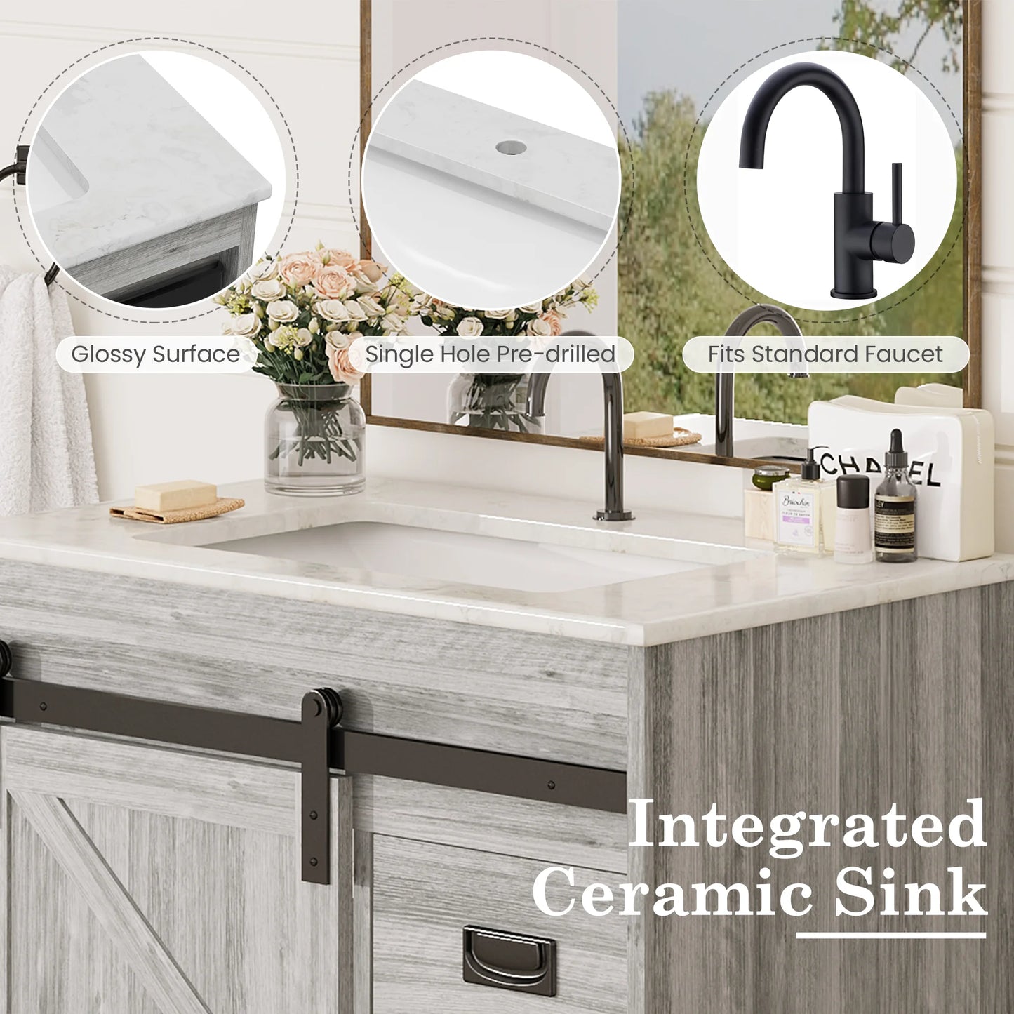 Gray Farmhouse Bathroom Vanity with Ceramic Top And Sliding Barn Door Design