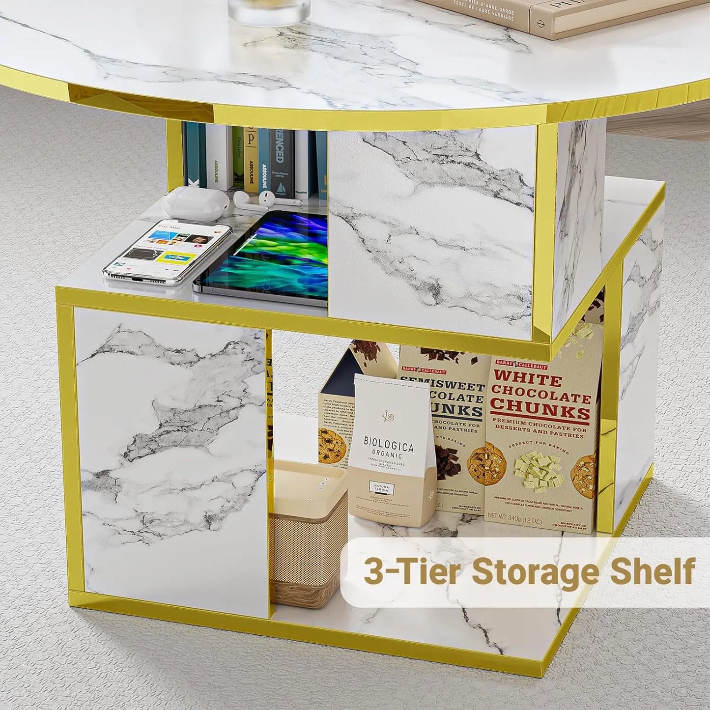 MERRONIX 3-Tier Round Coffee Table With Storage, Modern Metal Frame
