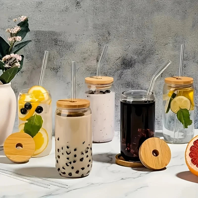 Six Glass Drinking Set Bamboo Lids Glass Straws Premium Quality