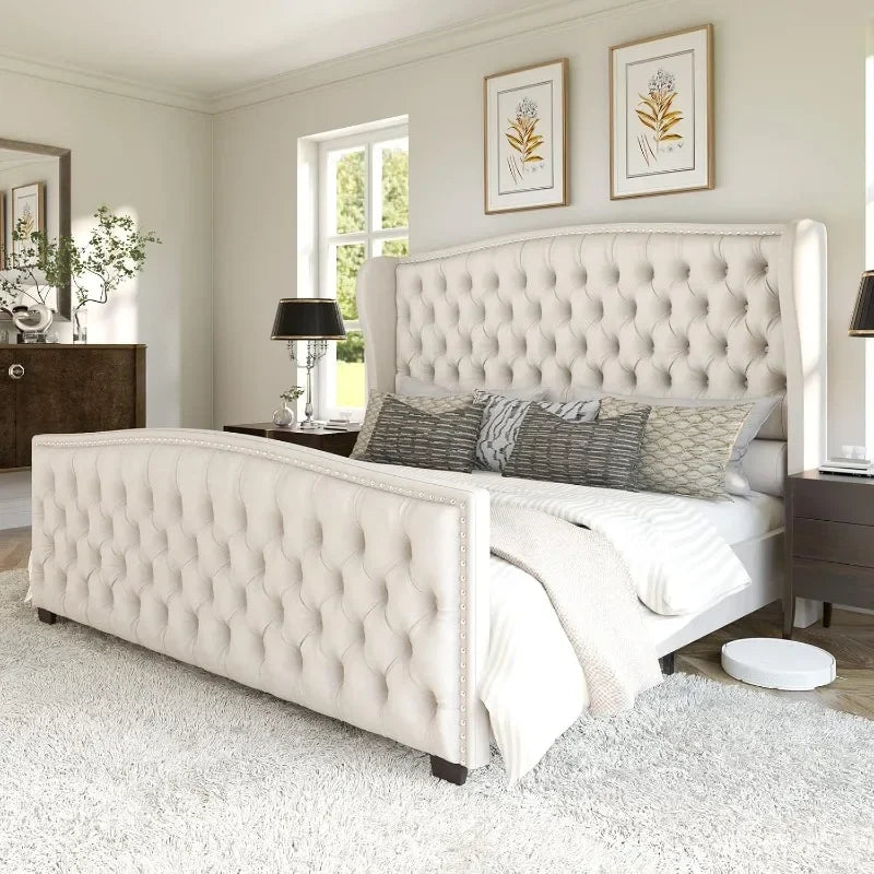Velvet Upholstered Platform Bed Frame With Wingback Headboard