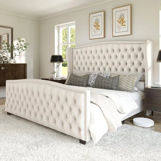 Velvet Upholstered Platform Bed Frame With Wingback Headboard