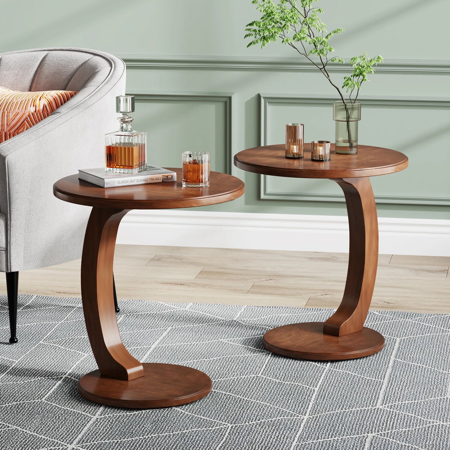 Tribesigns Round Wood C Shaped End Table Mid Century