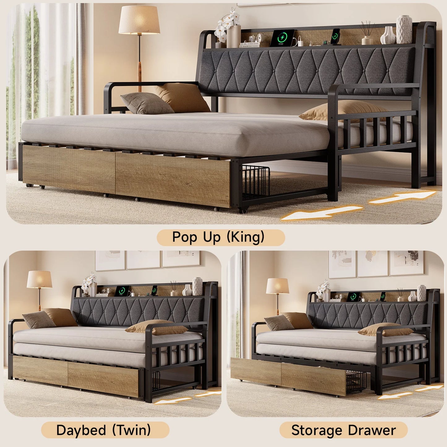 ONBRILL Daybed With Trundle Storage Drawers Upholstered Headboard