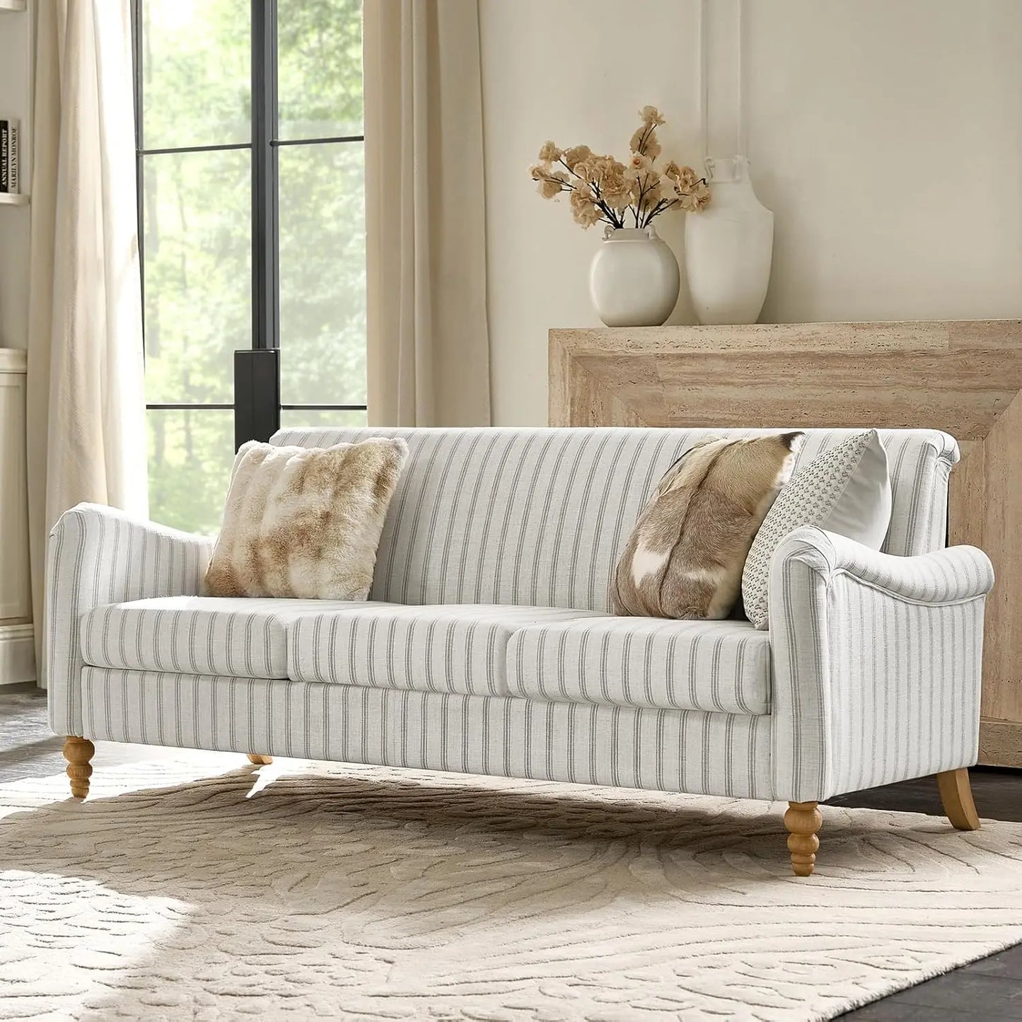 Curved Farmhouse Sofa With Solid Wood Spindle Legs Upholstered Linen
