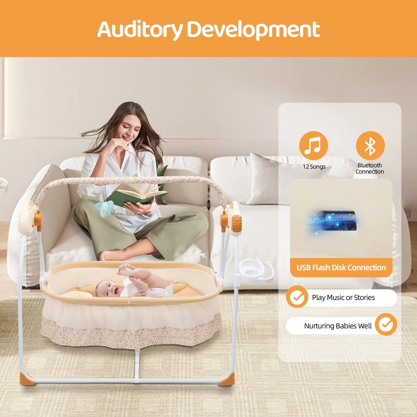 Electric Baby Crib Cradle With Remote Control And Music