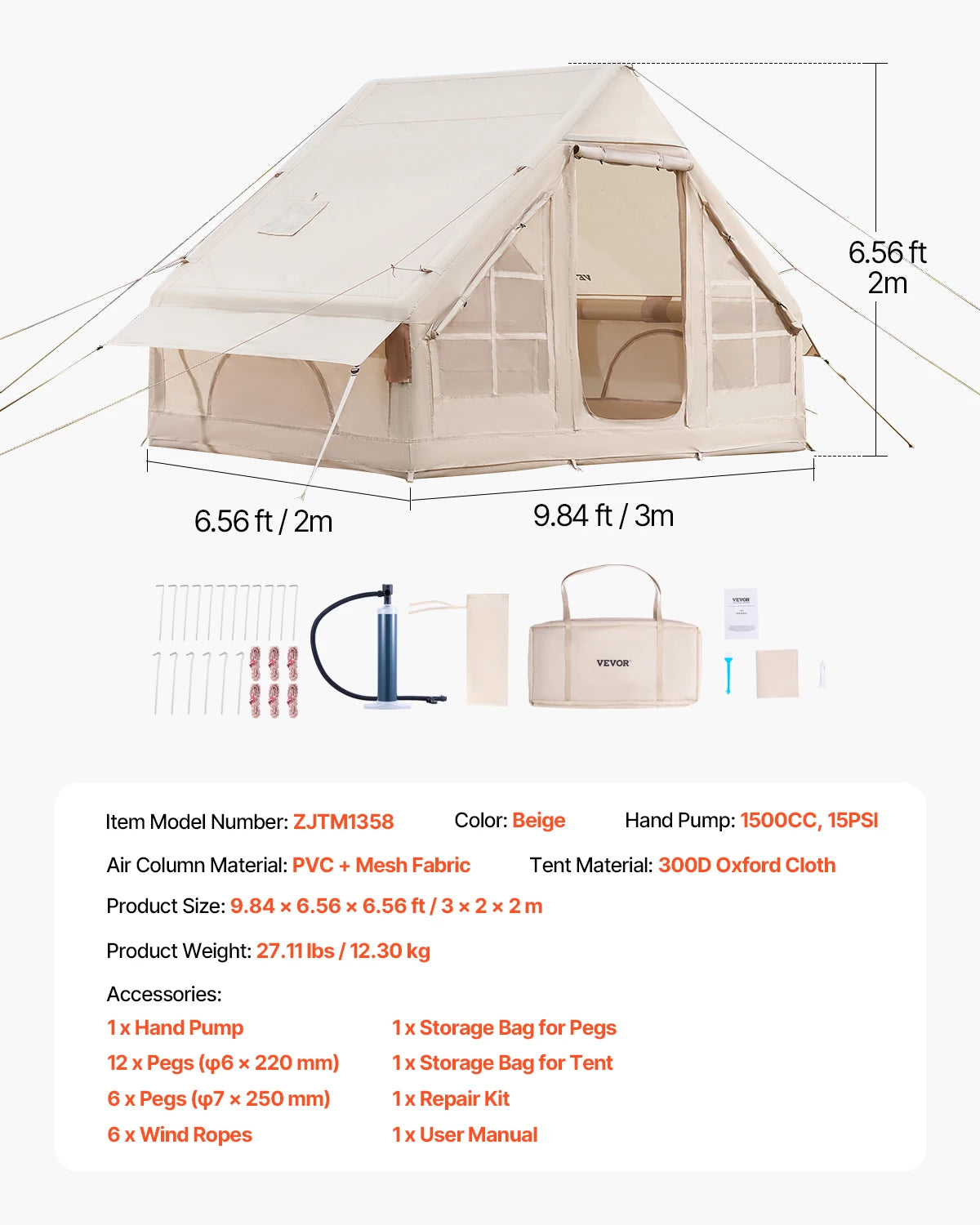 VEVOR Inflatable Camping Tent With Hand Pump And Stove Jack