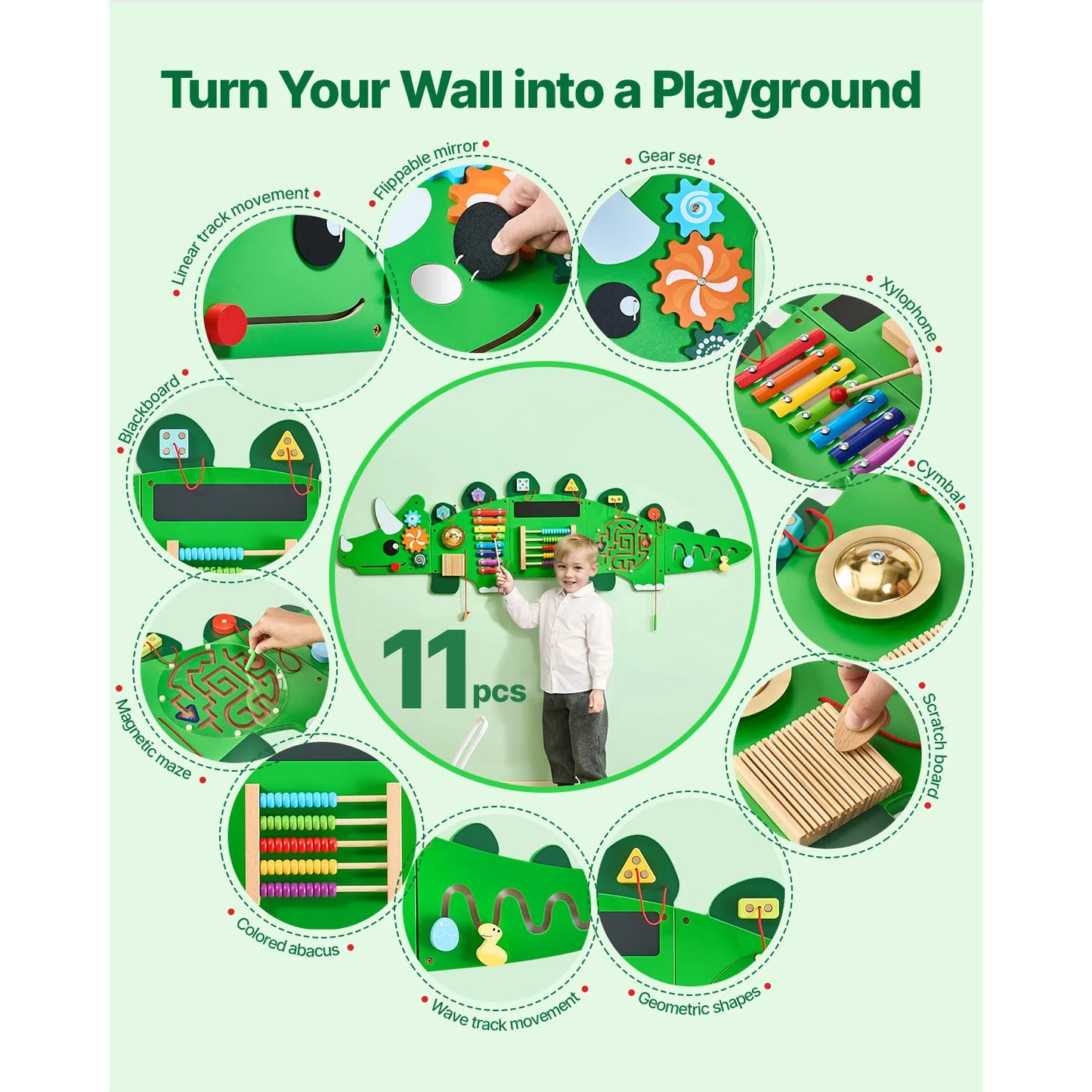 SucceBuy Dinosaur Kids Busy Wall Board With 11 Activity Panels