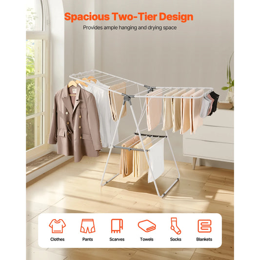 Clothes Drying Rack Foldable With Sock Clips Height Adjustable Iron