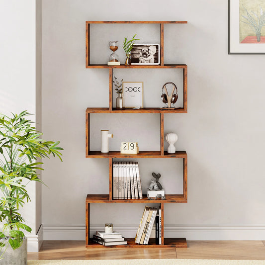 JHK Five Tier S Shaped Geometric Wood Bookcase Display Shelf