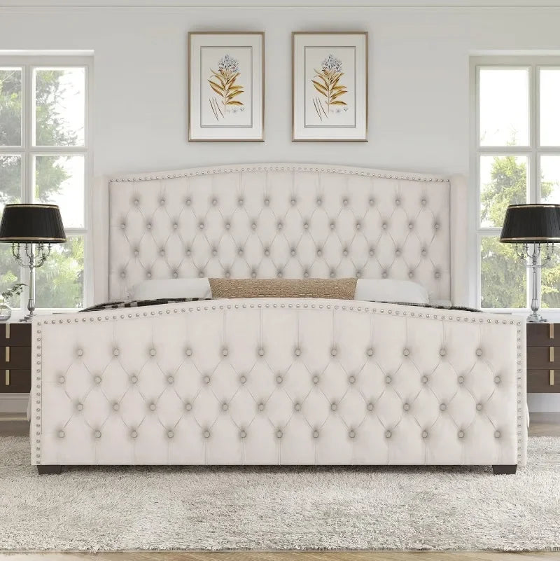 Velvet Upholstered Platform Bed Frame With Wingback Headboard