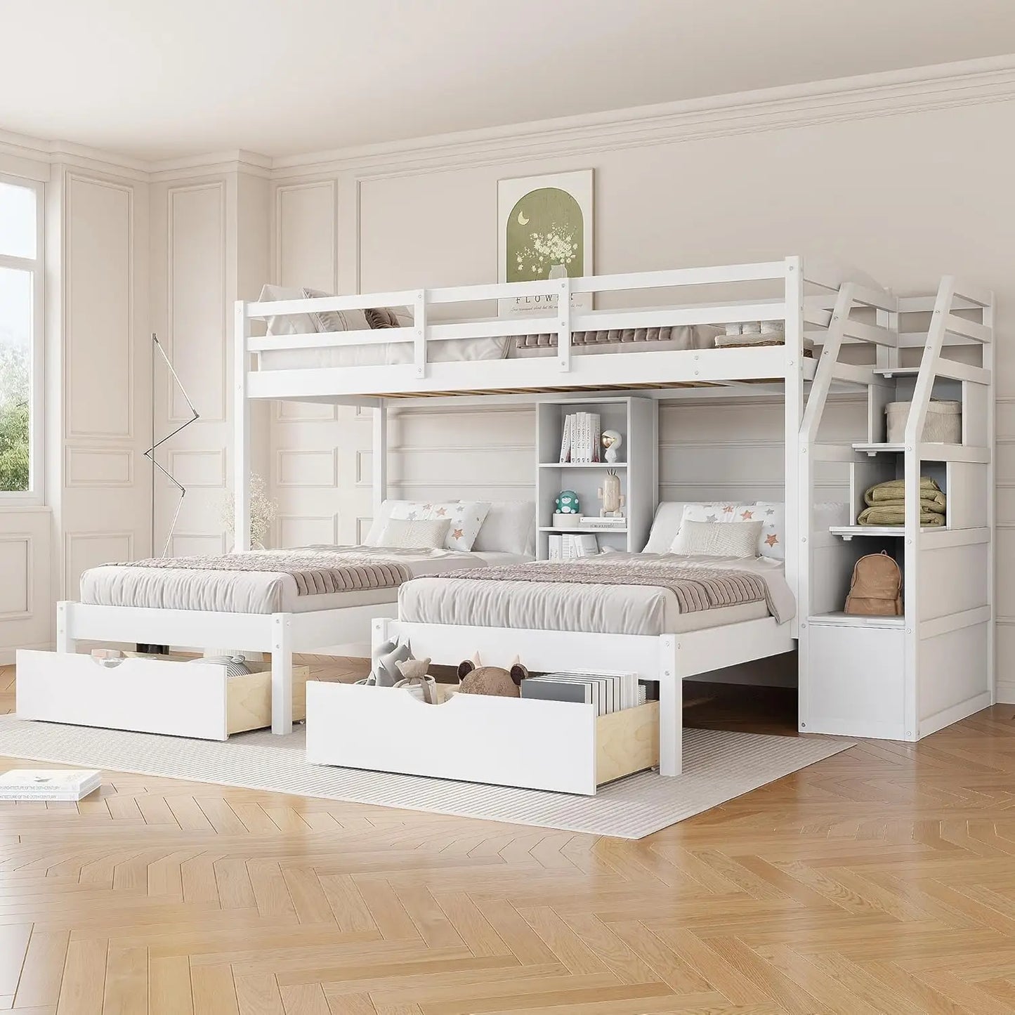Triple Bunk Bed With Wood Frame And Storage Stairs Drawers