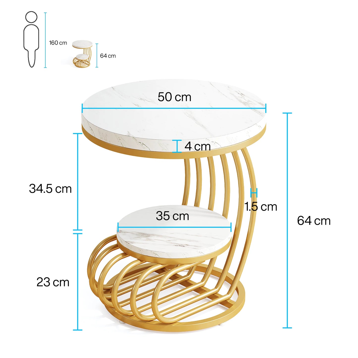 Tribesigns Round End Table With Faux Marble Two Tiers Storage