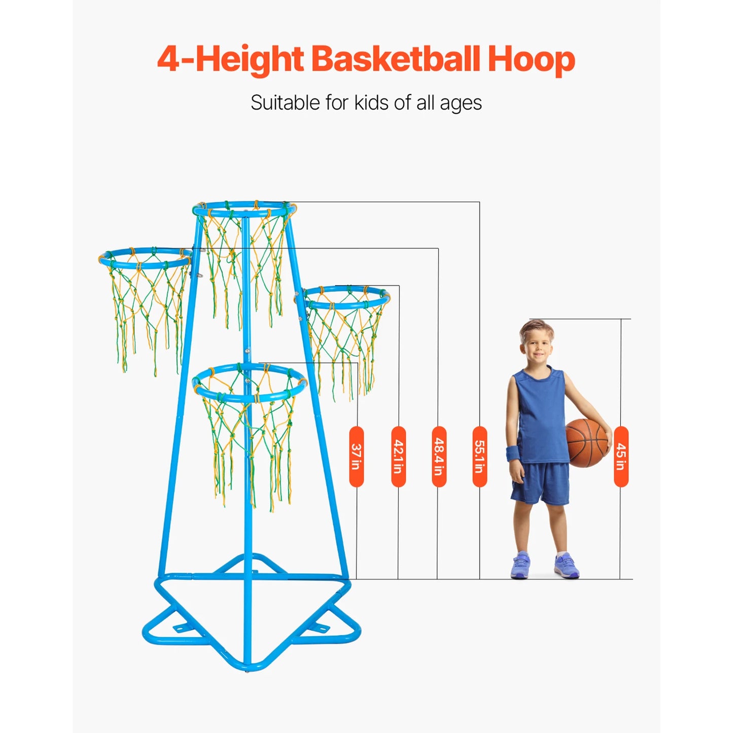 SucceBuy 4-Hoop Kids Basketball Hoop Stand With Adjustable Heights 3-Balls
