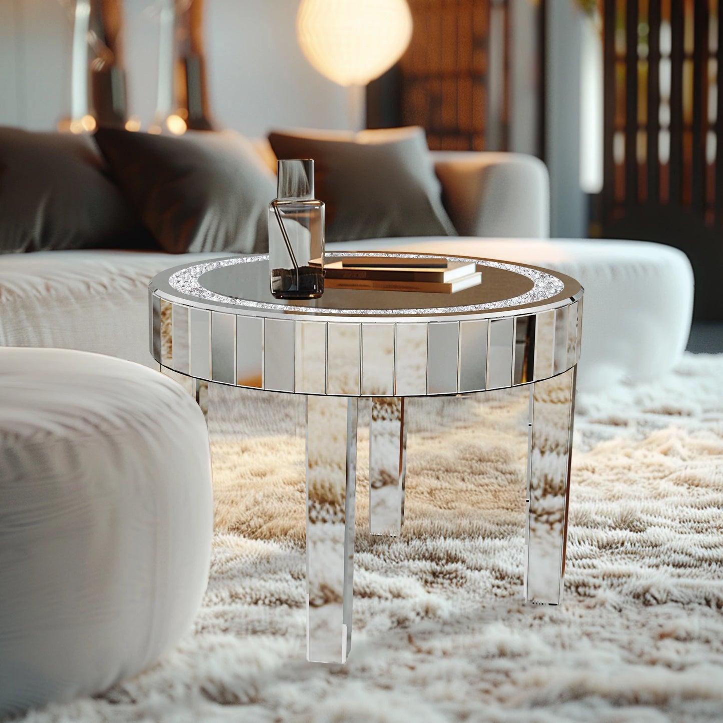 LUVODI Luxury Round Mirrored Bedside Table Diamond Inlay