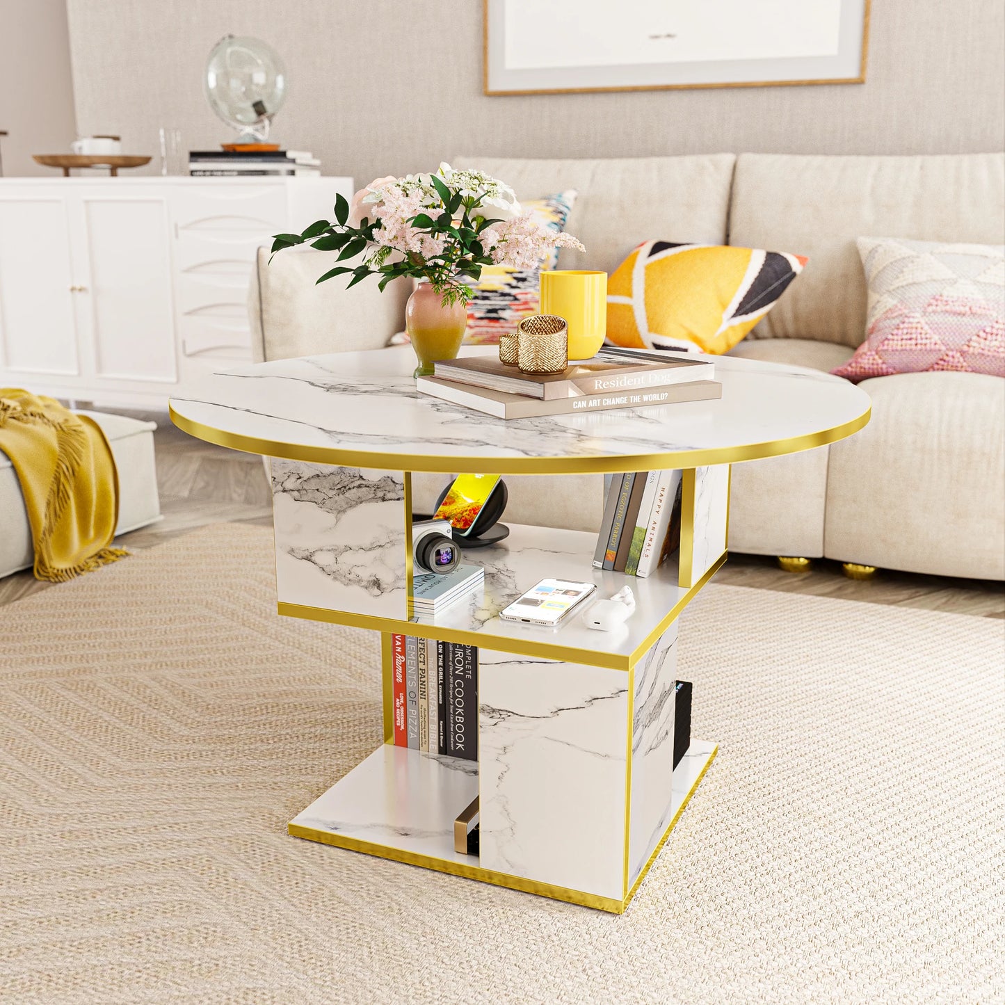 MERRONIX 3-Tier Round Coffee Table With Storage, Modern Metal Frame