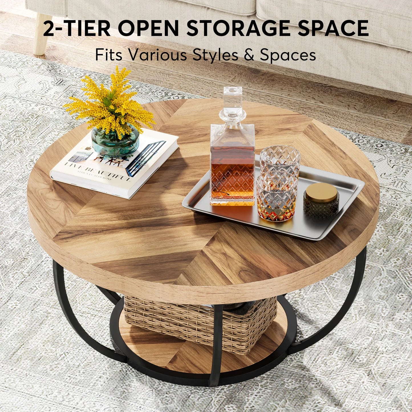 Tribesigns Round Coffee Table With Two Tier Storage Shelves