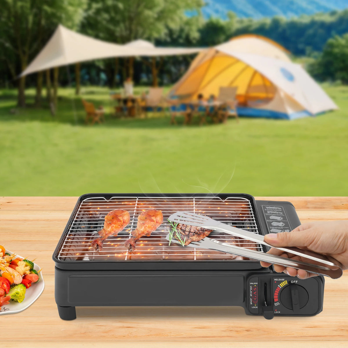 Portable Butane Gas Camping Grill Stove With Piezoelectric Ignition