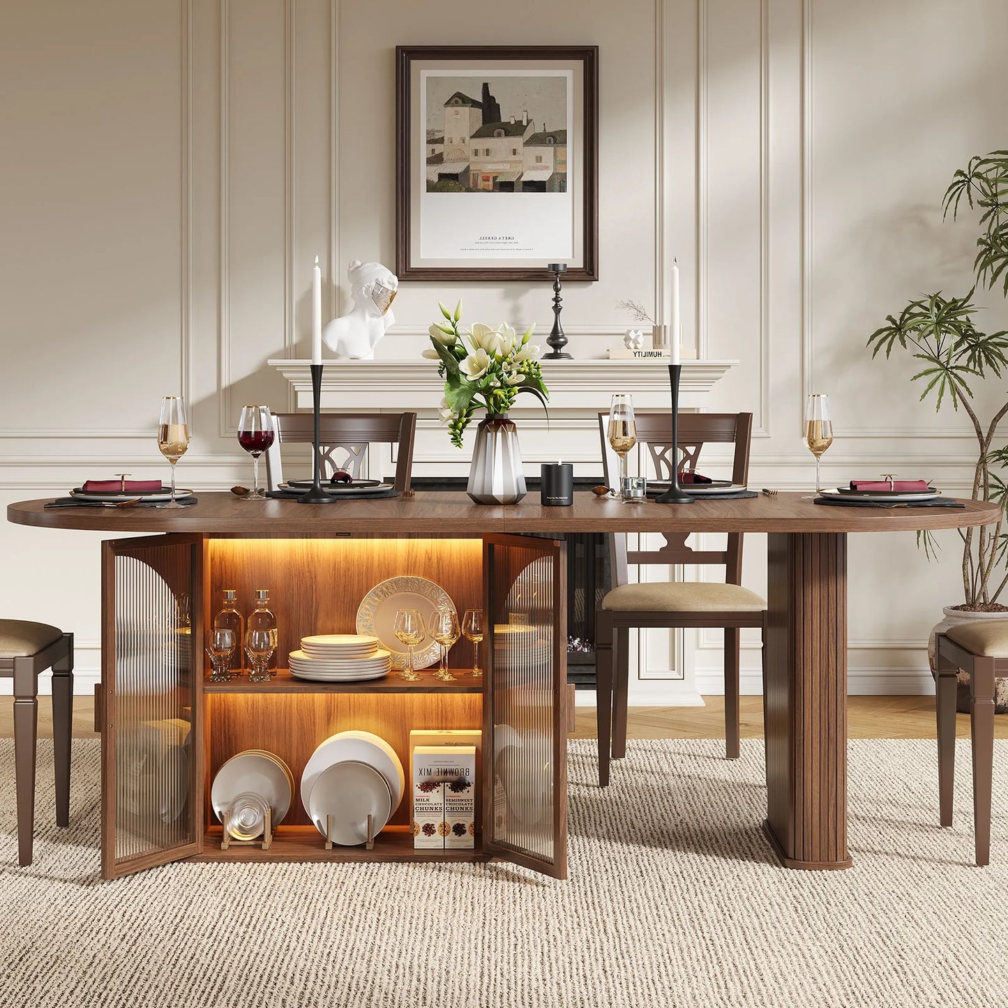 ONBRILL Oval Dining Table With Two Tier Storage And LED