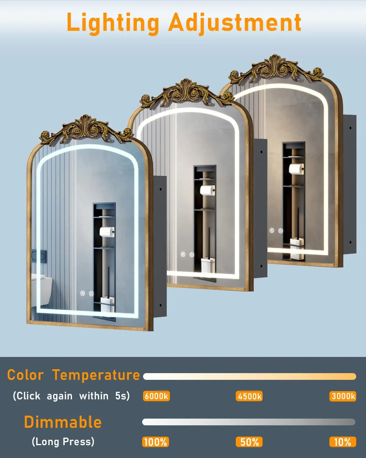 LED Bathroom Medicine Cabinet With Mirror Baroque Style Dimmable Lighting