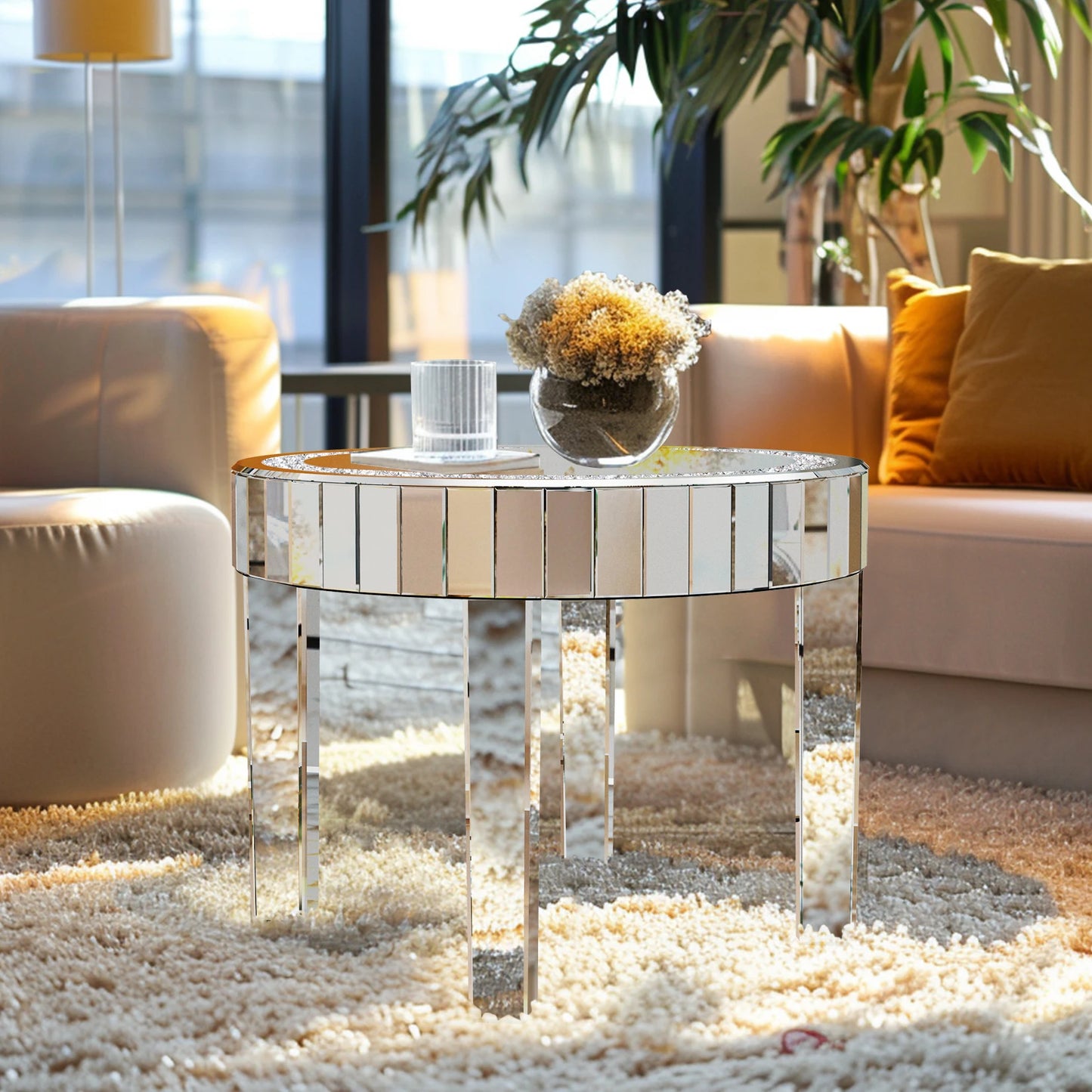 LUVODI Luxury Round Mirrored Bedside Table Diamond Inlay