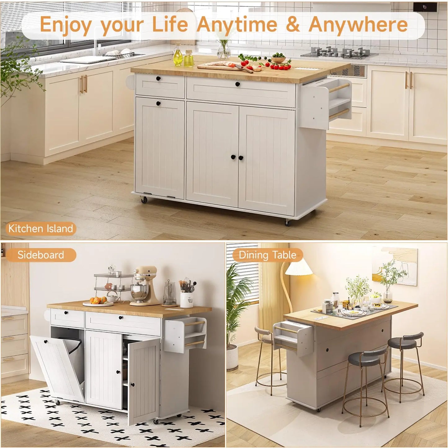 ONBRILL Kitchen Island Cart With Power Outlet And Towel Rack