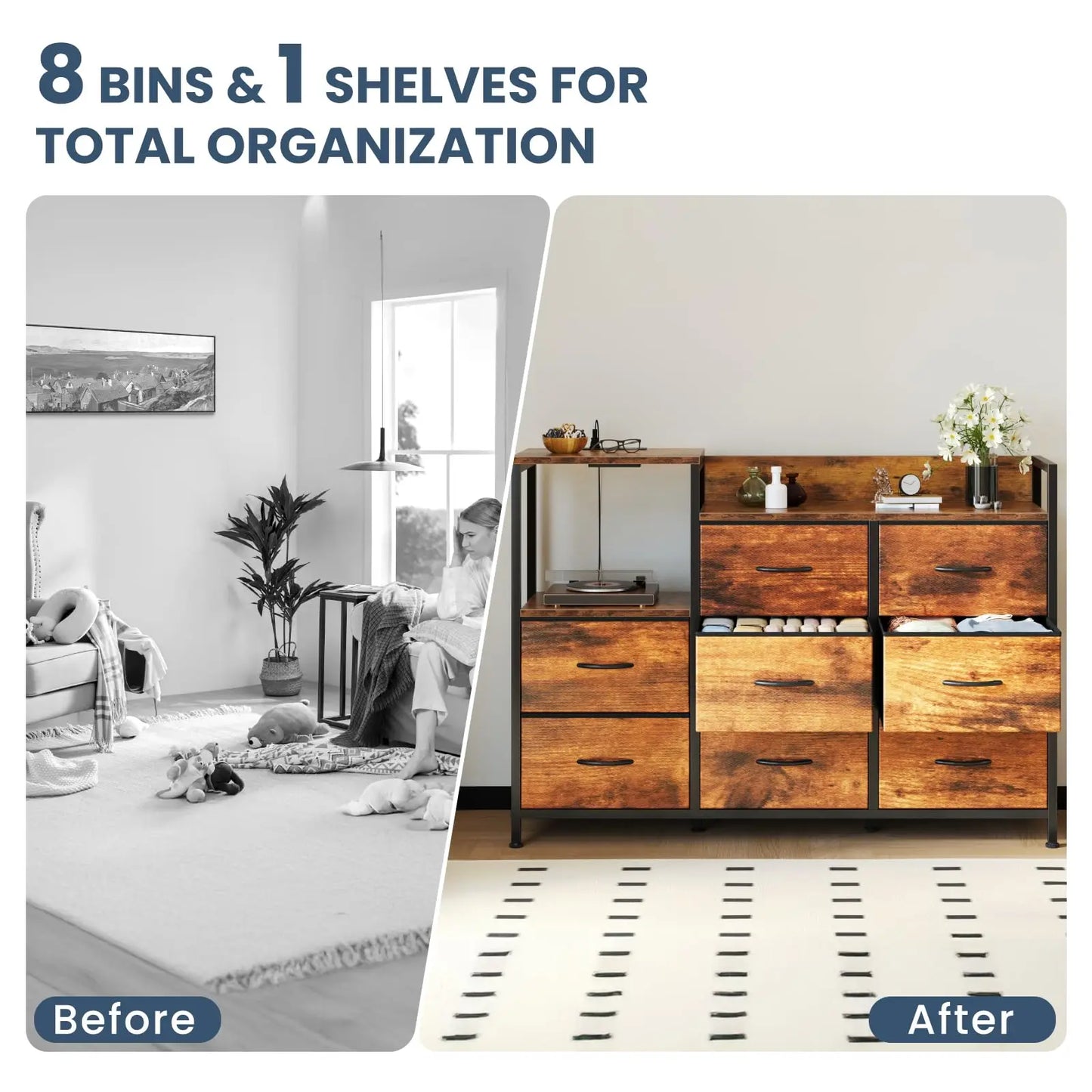 JHK Cabinet With 8 Fabric Drawers TV Stand Charging Station