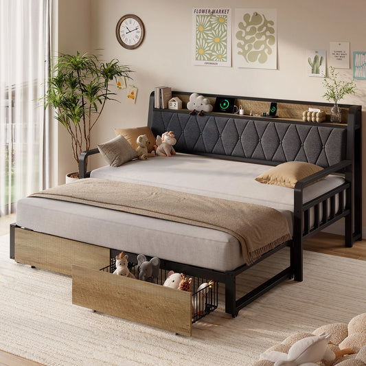 ONBRILL Daybed With Trundle Storage Drawers Upholstered Headboard