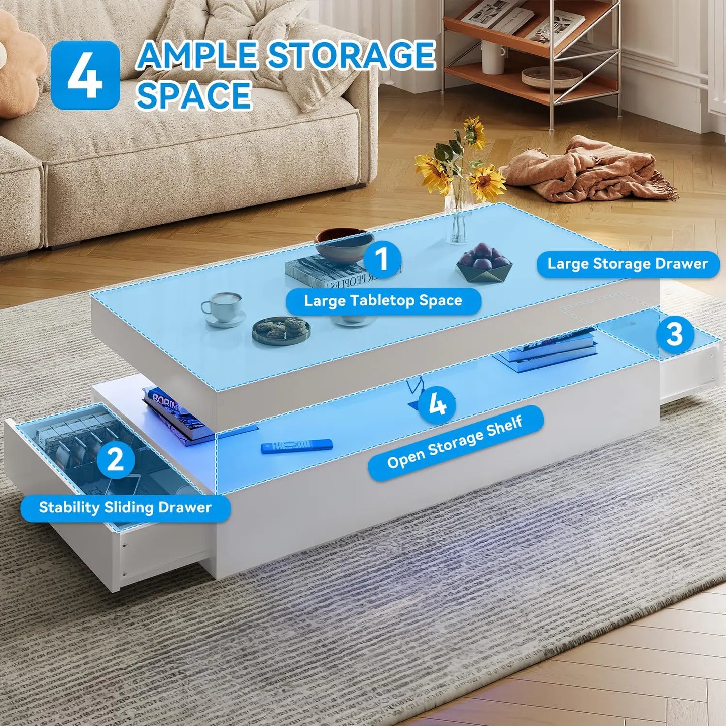 GUANGBAI High Gloss LED Coffee Table With Two Sliding Drawers