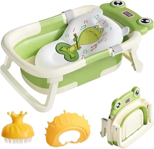 Baby Foldable Bath Tub With Thermometer Cushion Cap Brush