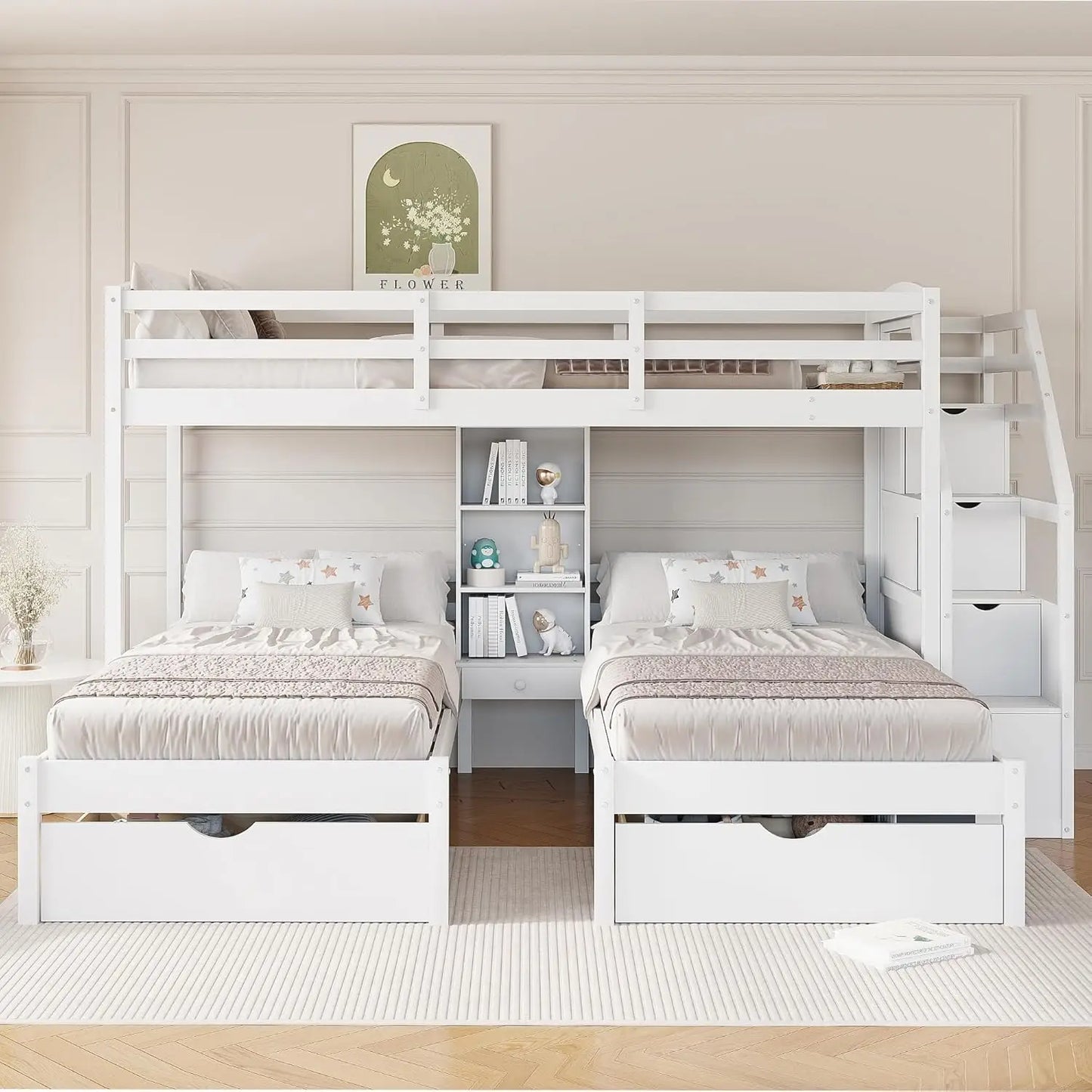 Triple Bunk Bed With Wood Frame And Storage Stairs Drawers