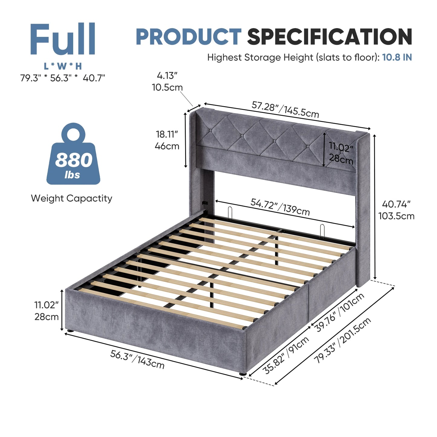 JHK Modern Wingback Platform Bed With Hydraulic Lift Storage
