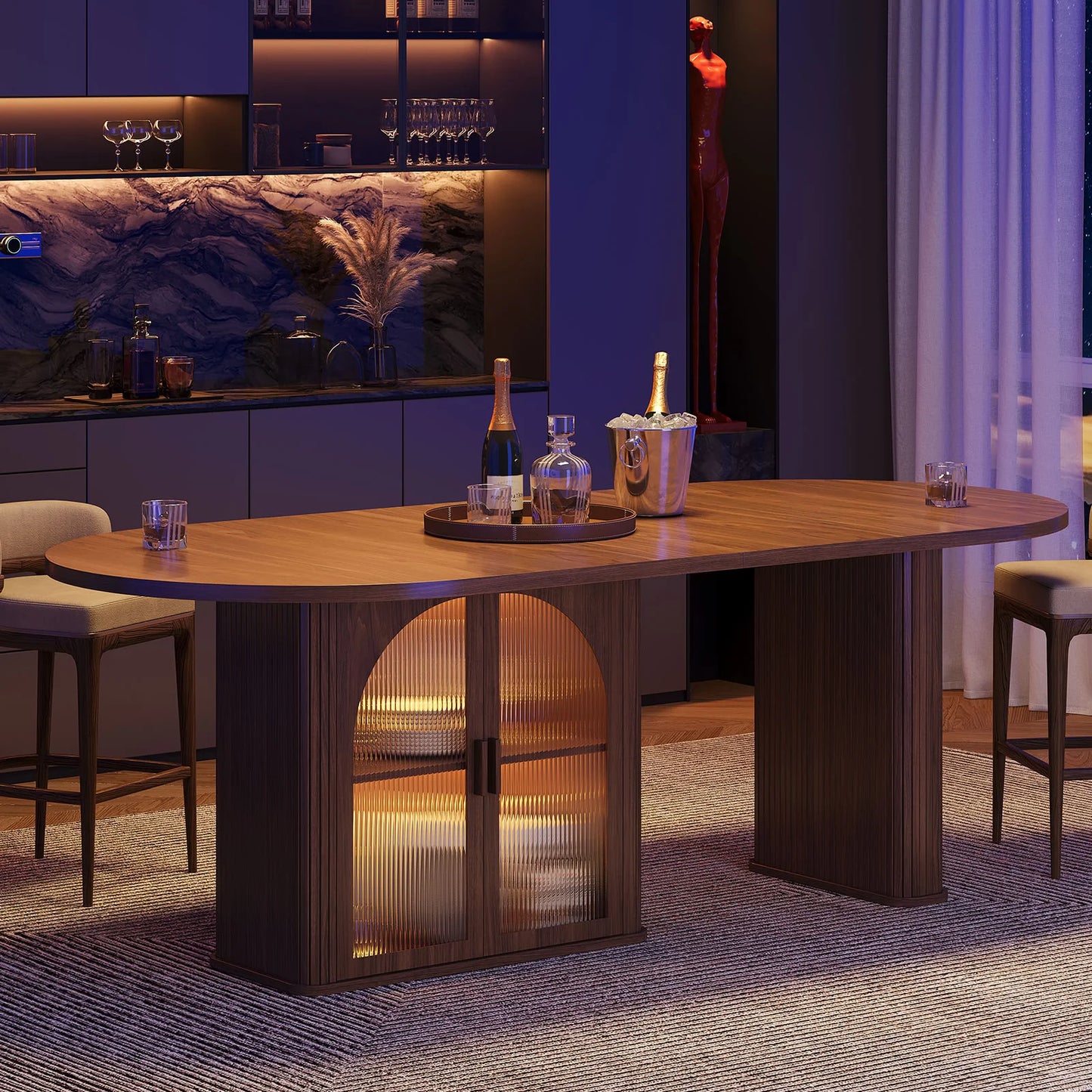 ONBRILL Oval Dining Table With Two Tier Storage And LED