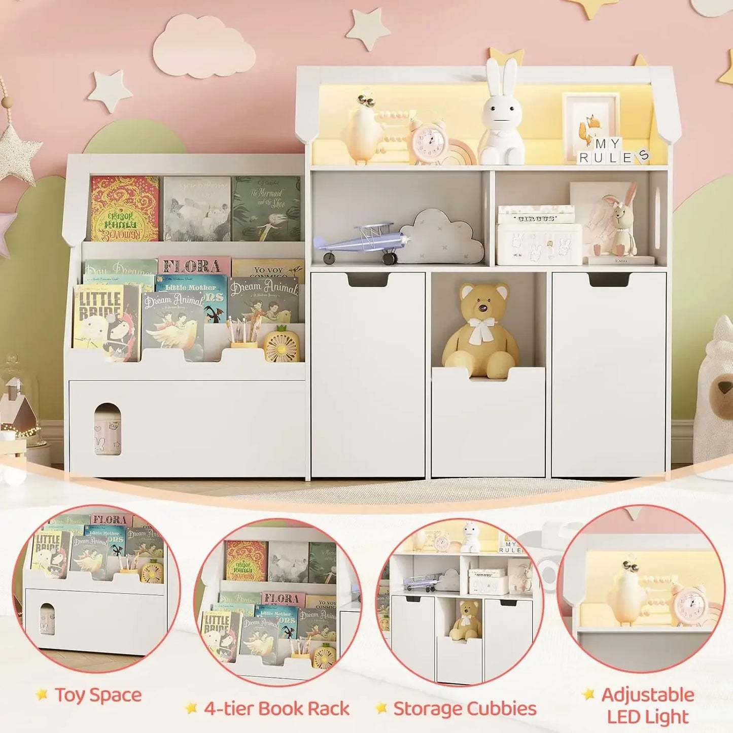 White Castle Shaped Kids Bookshelf With Removable Drawers And LED