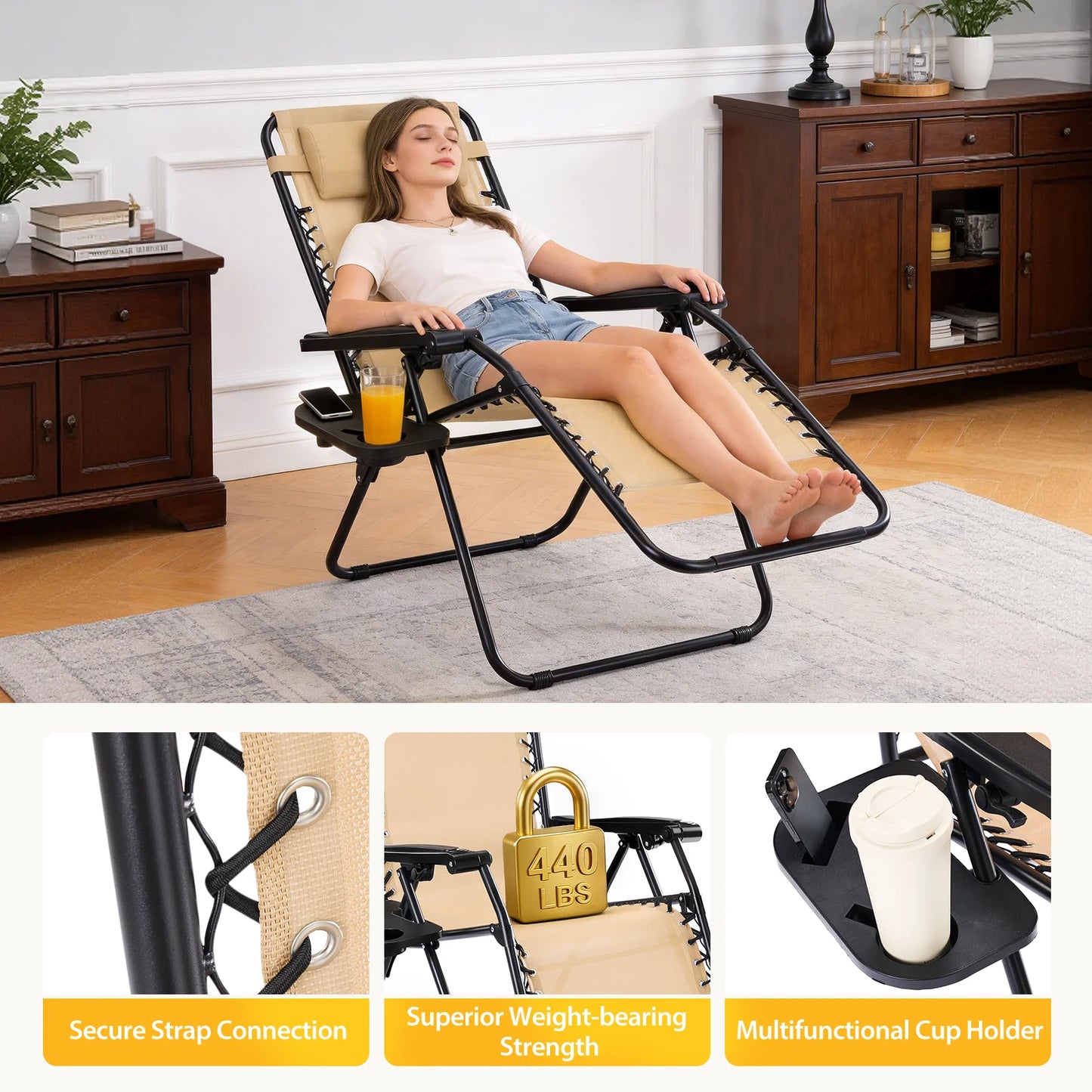 JHK Portable Zero Gravity Folding Recliner Chairs Cup Holders 2