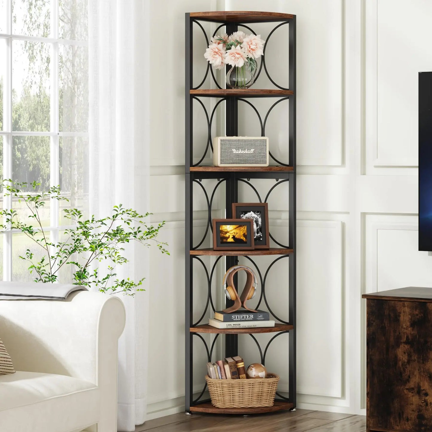 Tribesigns Tall Corner Bookshelf Six Shelf Rustic Corner Storage Rack