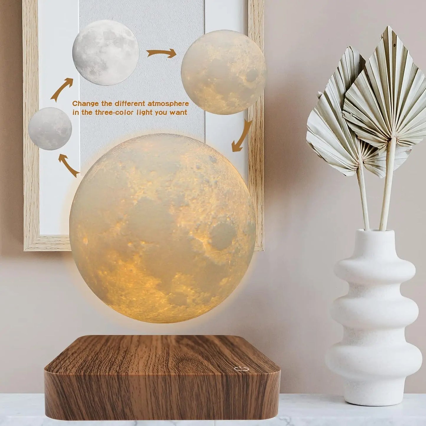 Mexllex Magnetic Floating Moon Lamp With Wooden Base, 3 Color Temperature LEDs