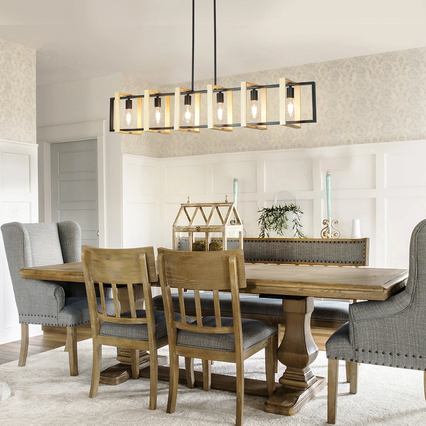 Modern Farmhouse Kitchen Island Pendant Lights With Wood Shades Dimmable