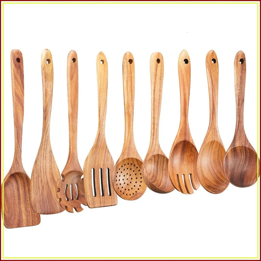 Natural Teak Wood 9-Piece Utensil Set For Nonstick Cookware