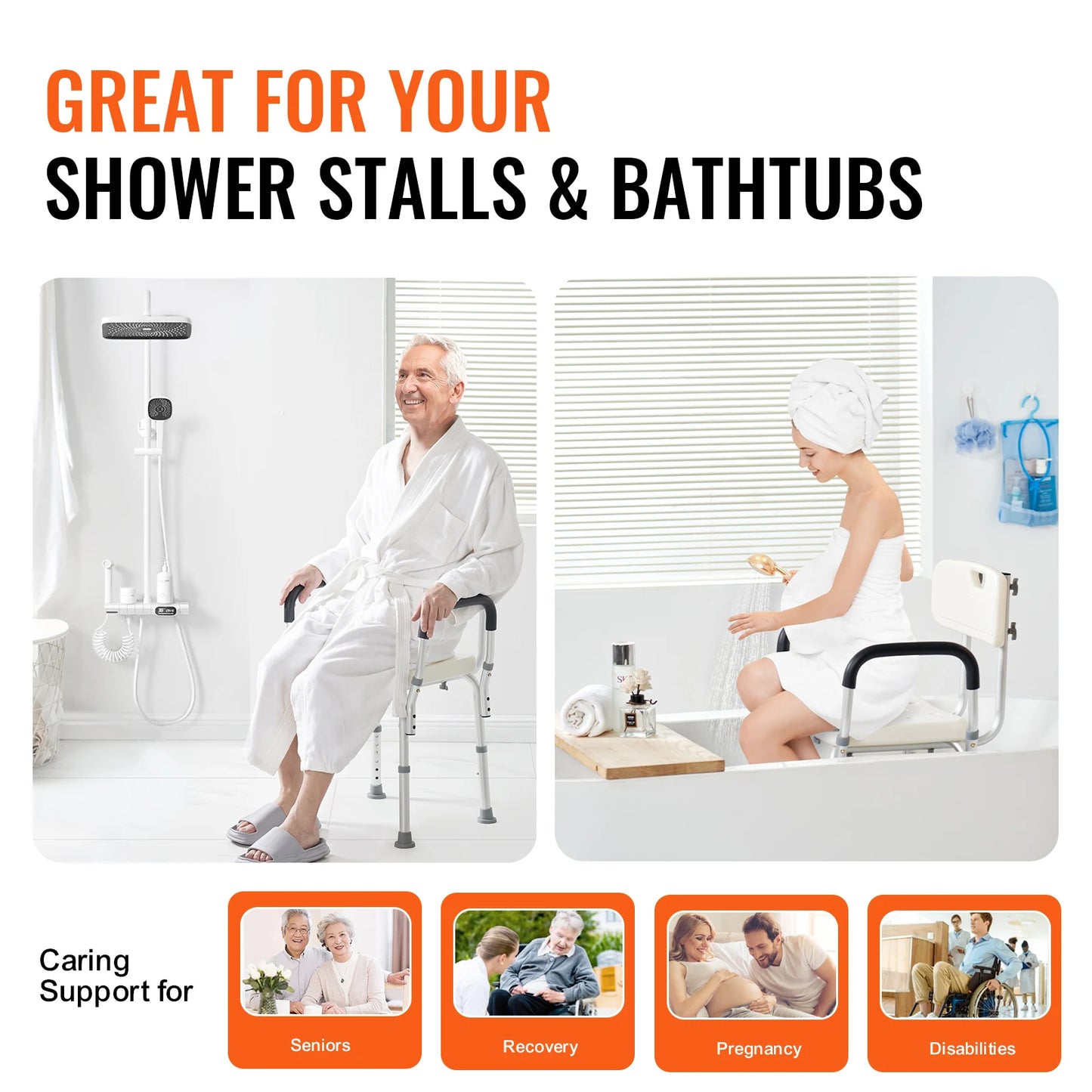 Shower Chair With Back Adjustable Height Non Slip For Elderly