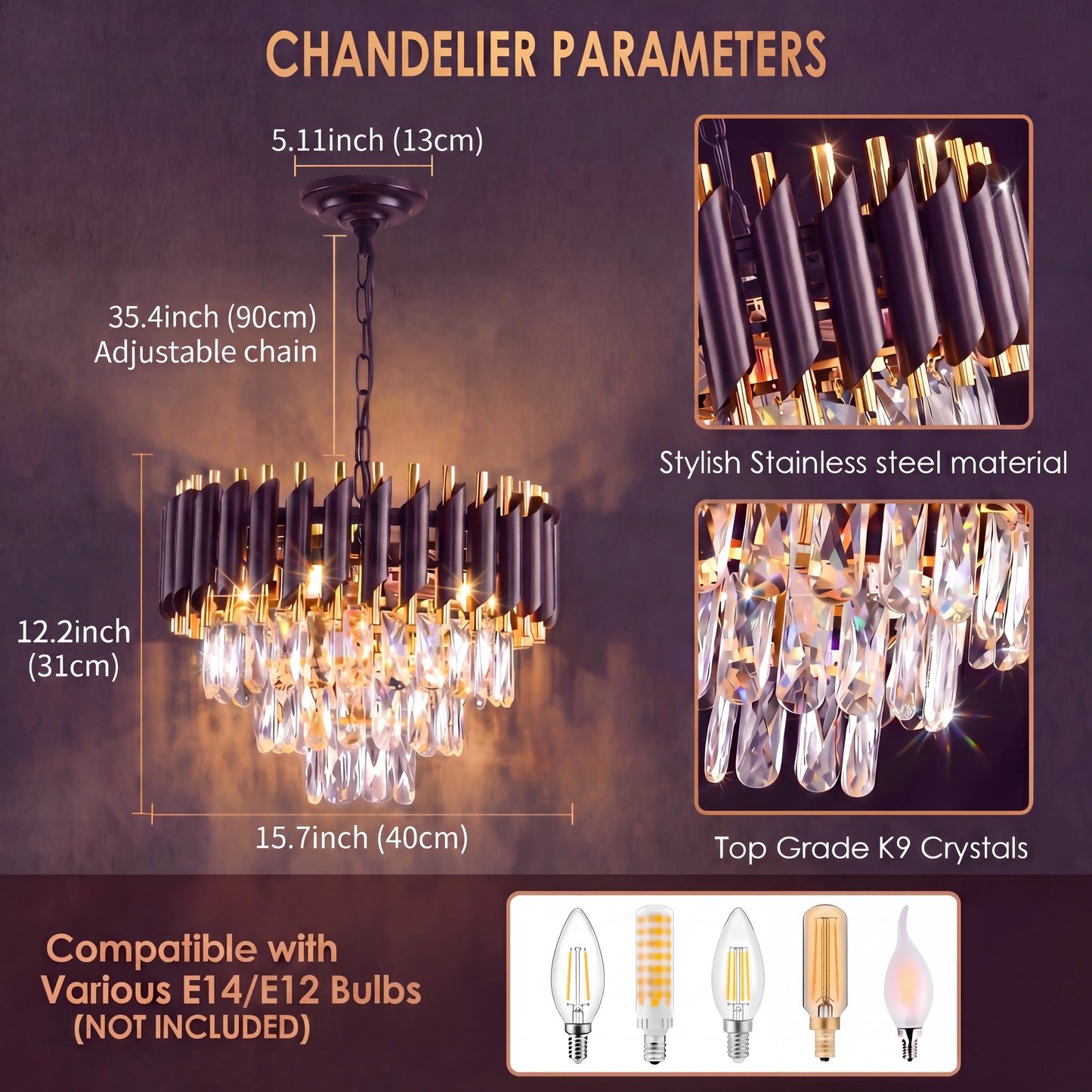 Polished Iron Crystal Chandelier With Adjustable Chain Ceiling Light