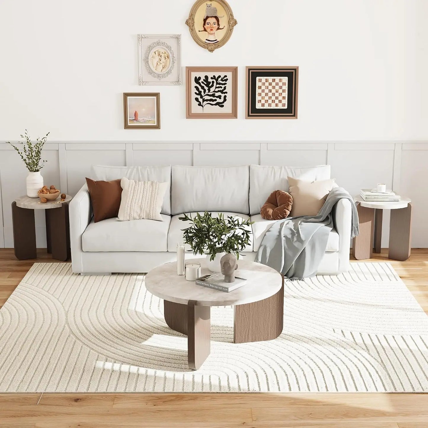 Modern Round Coffee Side Table Set Faux Marble Wooden Top