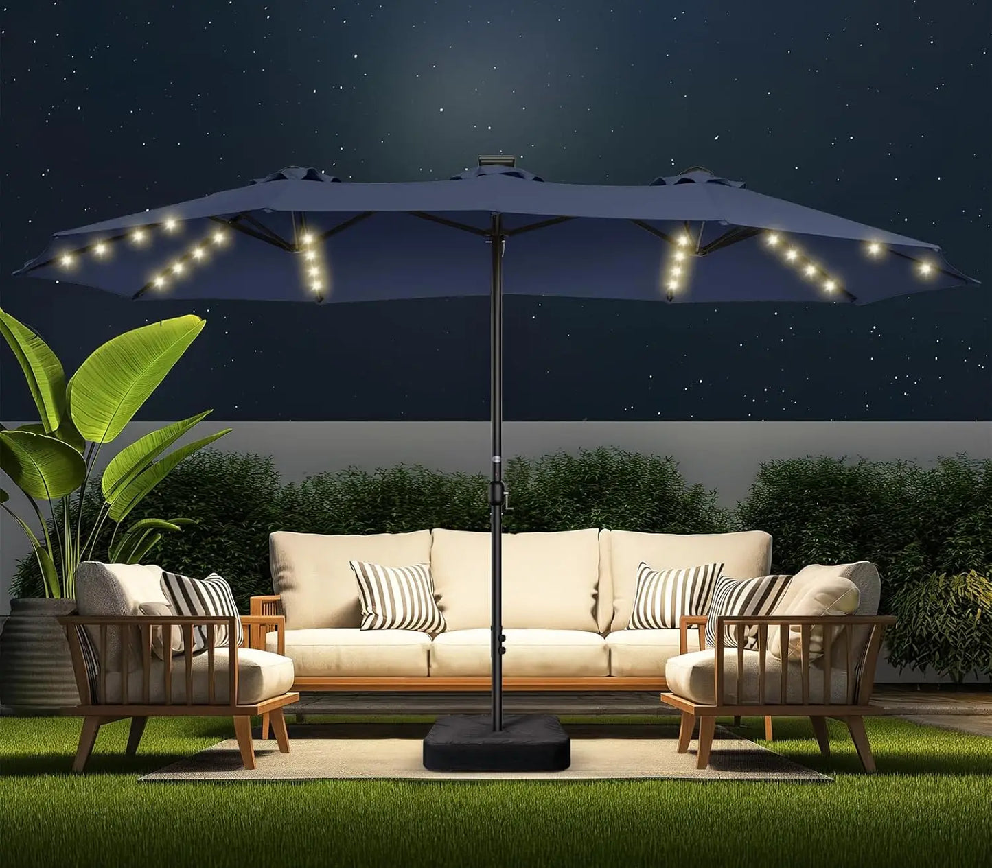 Double Sided Patio Umbrellas With LED Solar Lights And Base