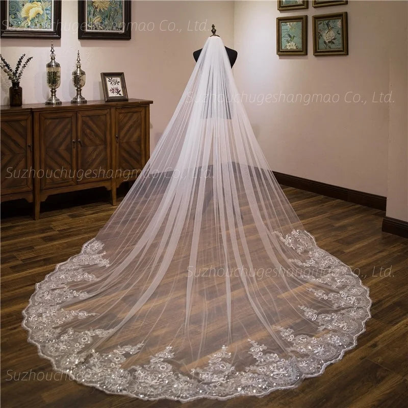 Luxury Cathedral Bridal Wedding Veil With Soft Lace Appliques Edge