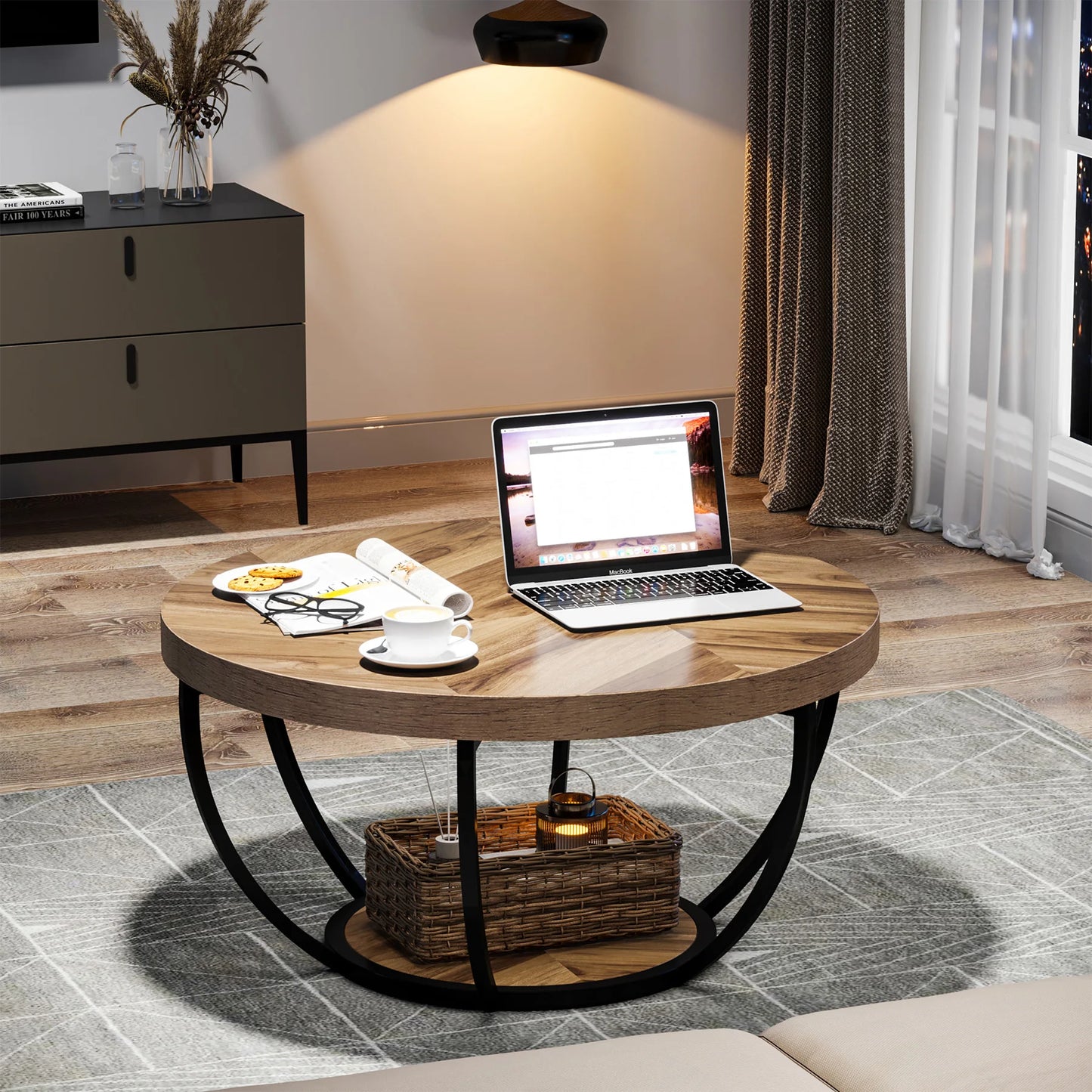 Tribesigns Round Coffee Table With Two Tier Storage Shelves