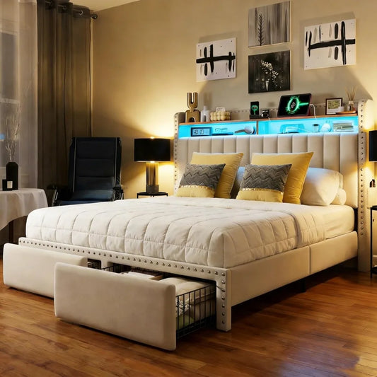 Upholstered Platform Bed With Storage Drawers LED Lights Charging Station