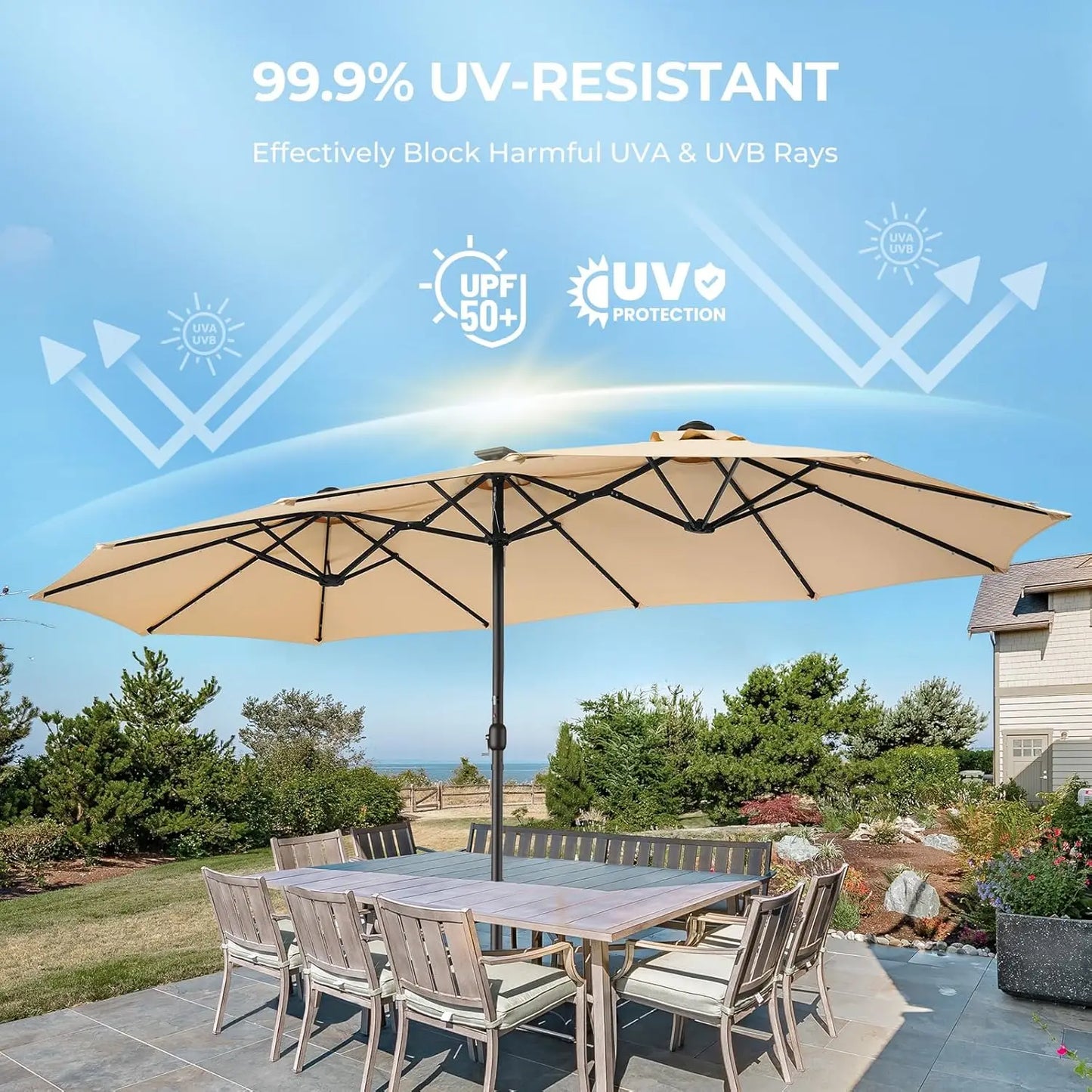 Double Sided Patio Umbrellas With LED Solar Lights And Base