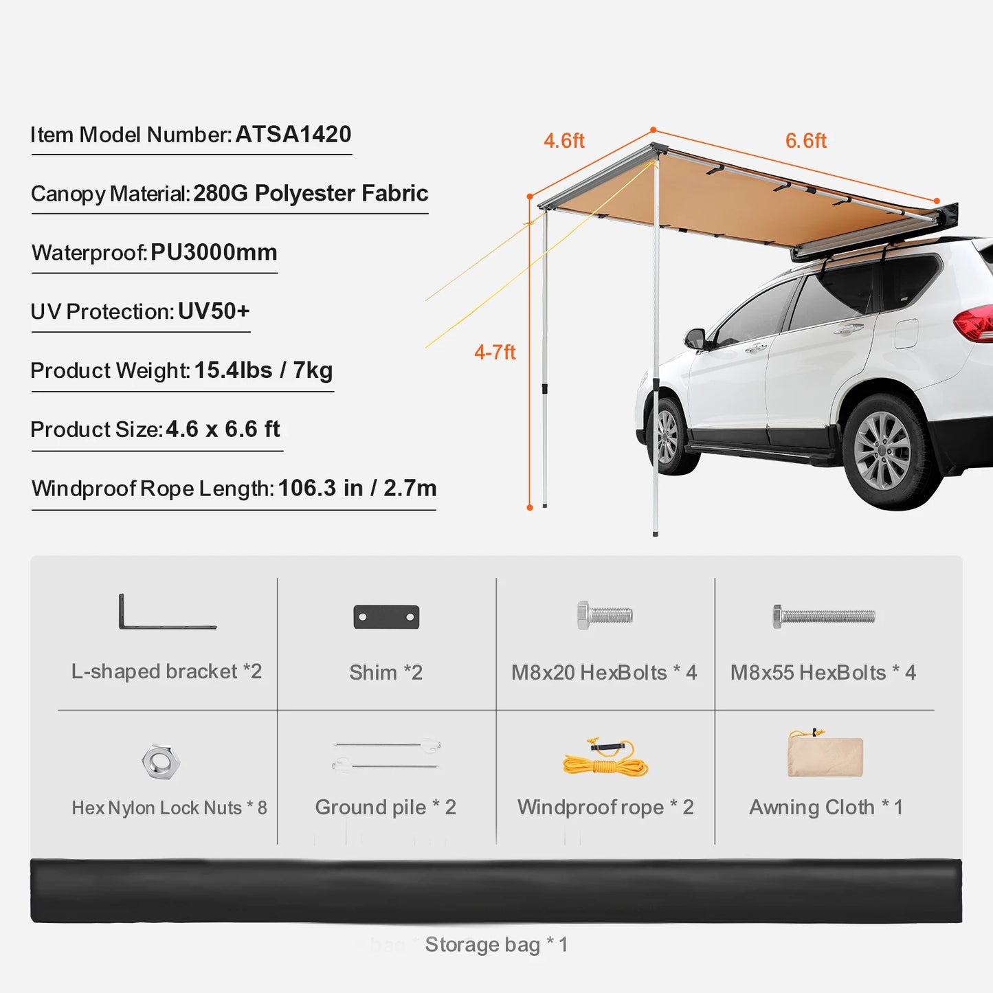 Succebuy Retractable Car Side Awning With Waterproof Storage Bag